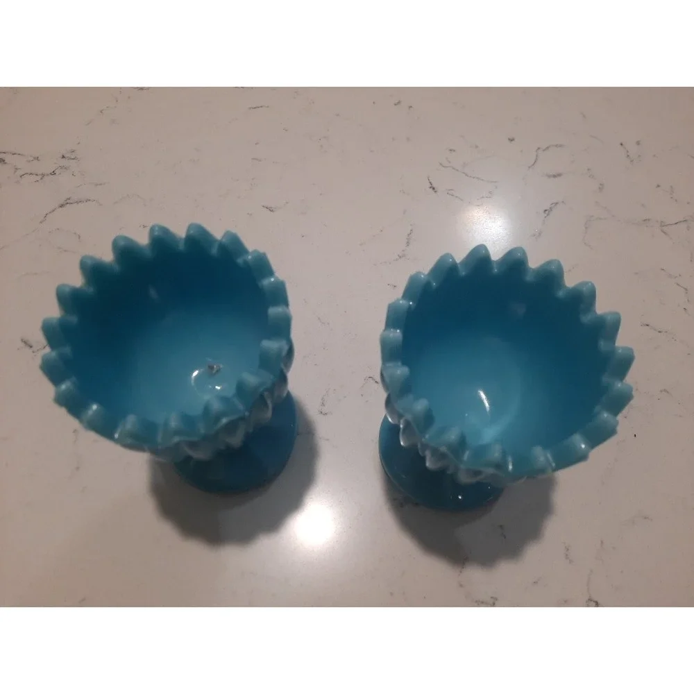 2  1930s PV Portieux Vallerysthal French Blue‎ Opalescent Glass Vase Rib Dot